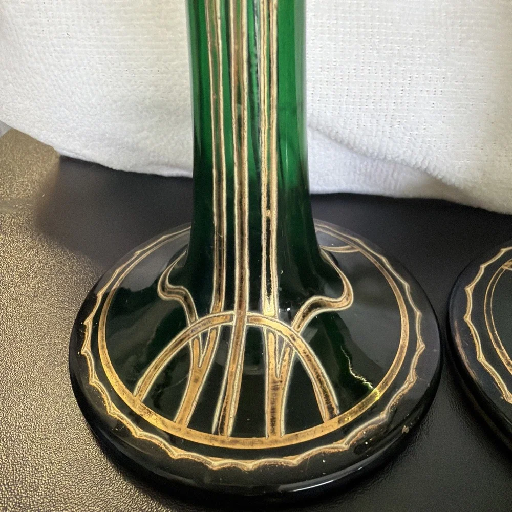 Vtg Art Nouveau Jugendstil Gold Gilded Green Satin Glass Vases 2 Ea Circa 1900s‎